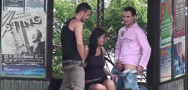  A busty girl with perfect figure fucked by 2 guys in public street threesome
